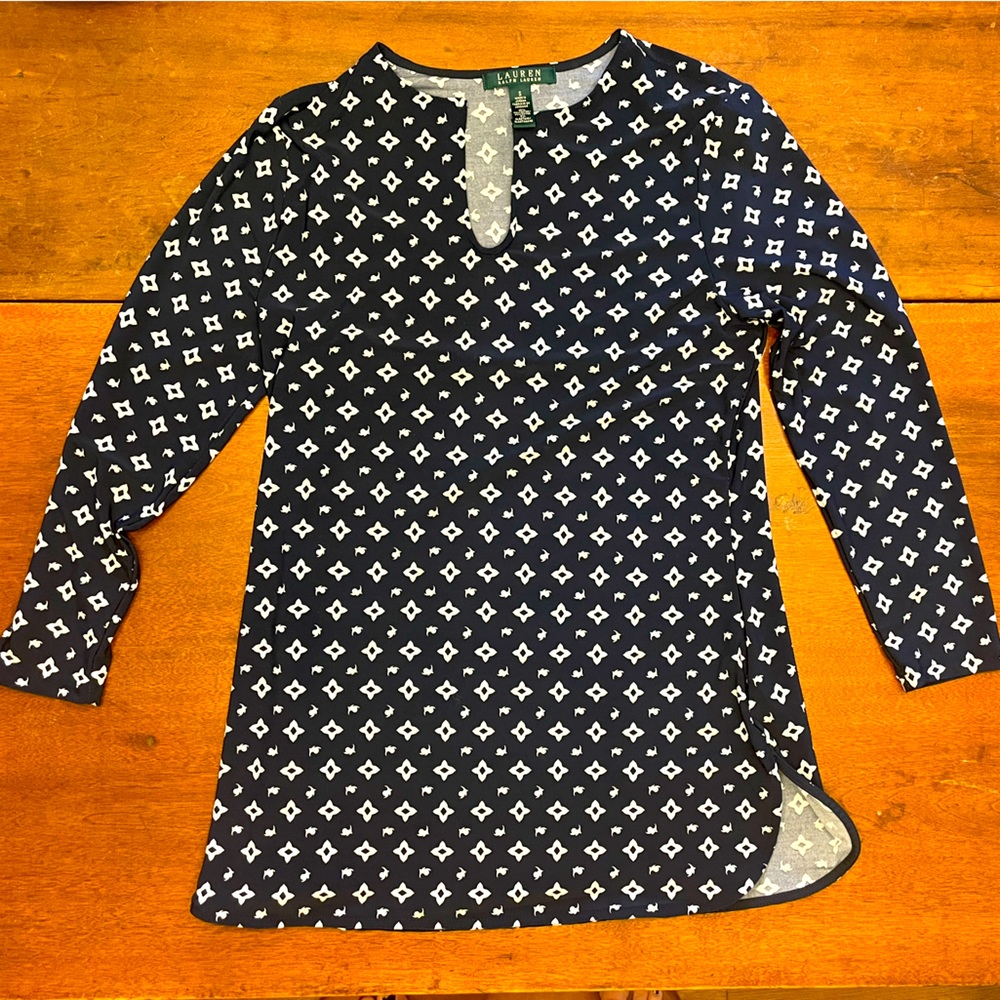 Navy Ralph Lauren stretchy 3/4 sleeve white geometric work top size S - Picture 2 of 5
